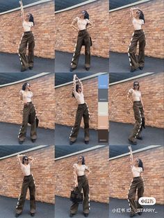 multiple shots of a man standing in front of a brick wall with his hands up