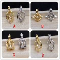 four different types of pendants with names and symbols on them, all in gold or silver