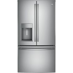 a stainless steel refrigerator freezer with water dispenser on the front and bottom