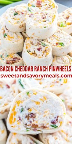 bacon cheddar ranch pinwheels are stacked on top of each other and ready to be eaten