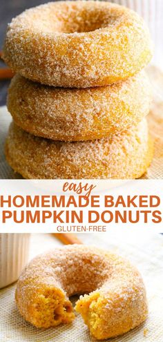 homemade baked pumpkin donuts are stacked on top of each other