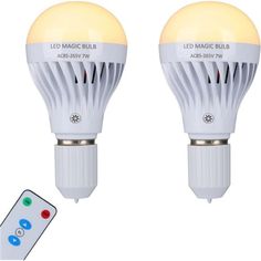 two white light bulbs with remote controls next to each other and an image of the same bulb