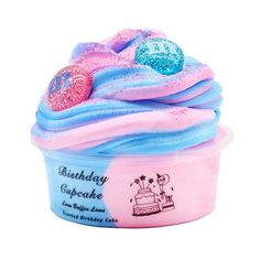 an ice cream cup with blue and pink frosting