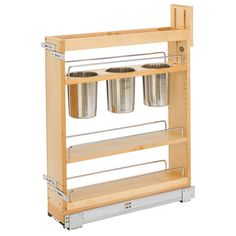 a wooden shelf with three cups and two trays on it's bottom rack