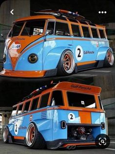 an orange and blue vw bus parked in a garage