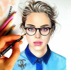 a drawing of a woman with glasses and eyeliners on her face holding a pencil