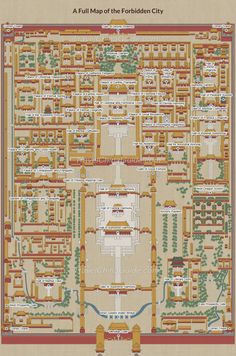 a map of the forbidden city, with many buildings and gardens on it's sides