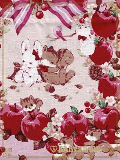 an apple themed square scarf with teddy bears and apples on the bottom, along with flowers