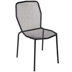 a black metal chair with mesh back and seat cover on the bottom, against a white background