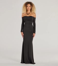 Serve a sleek silhouette in the Haven formal dress designed with a smooth knit fabric with plenty of stretch. It features an off-the-shoulder sweetheart neckline with a ruched bodice, long fitted sleeves, a cutout lace-up strappy back design with lower back ruching, and a floor-length mermaid fit to highlight your stunning curves.Fit & FeaturesSmooth knit fabric, plenty of stretchOff-the-shoulder sweetheart neckline, padded bra cupsRuched bodice, high waist seamLong fitted sleevesPartially o Long Black Long Sleeve Dress, White Holiday Dress, Sequin Holiday Dress, Mermaid Fit, Backless Dress Short, Red Holiday Dress, Beach Wedding Guest Dress, Nye Dress, Black Tie Wedding Guests