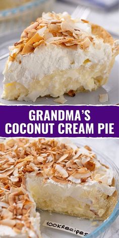 two pictures of a pie with coconut cream toppings on top and the same slice missing