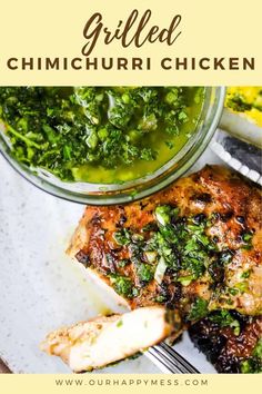 grilled chicken with green sauce on the side and text overlay that reads grilled chimicuriri chicken