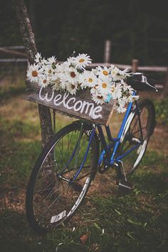 a bicycle with flowers in the basket is parked next to a sign that says welcome