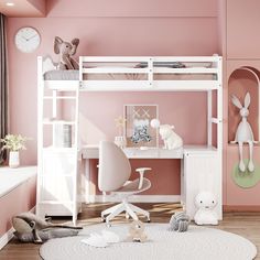 a child's bedroom with pink walls and white furniture, including a bunk bed