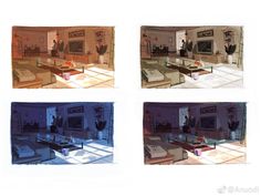 four different shots of a living room with couches, tables and chairs in it