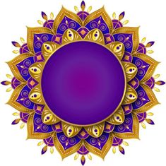 an ornate purple and gold circular design with lots of small details on the center, surrounded by smaller circles