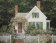 a painting of a white house with green shutters on the front and red door