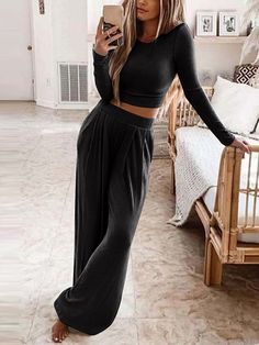 Winter Sleepwear, Casual Home, Maxi Robes, Ribbed Crop Top, Cropped Tops, Long Crop Top, Pantalon Large, Yoga Shorts, Denim Jumpsuit