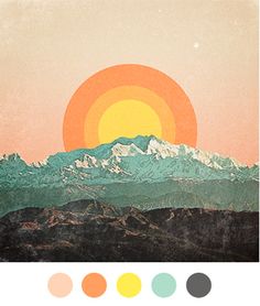 the sun is setting over some mountains with snow on them, and there are color swatches in front of it