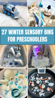 A fun collection of winter sensory bins for preschoolers, featuring playful items like a toy train, snowmen, and penguins. Each bin is filled with various textures and materials to engage young children in imaginative play during the cold season. Perfect for hands-on learning! Sensory Bin, Winter Themed, Sensory Bins, Winter Activities, Hands On Activities, Winter Theme, Fine Motor Skills