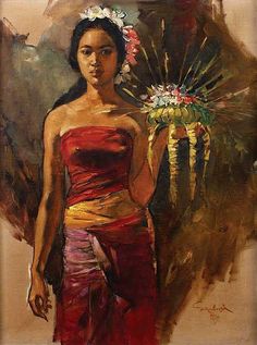 an oil painting of a woman in red dress holding a fan with flowers on it