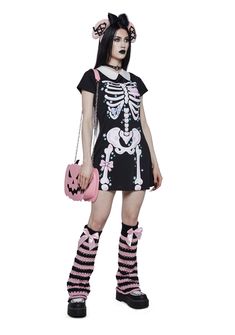 cuz you always shake things up! This mini dress has a peter pan collar, an A-line silhouette, and a sweet Kawaii skeleton graphic on the front. Kawaii Skeleton, Collared Mini Dress, Skeleton Dress, Doll Halloween Costume, Fishnet Top, Gothic Models, Costume Store, Pink Pumpkins, Halloween Bags