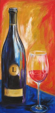 a painting of a wine glass and bottle on a blue tablecloth with red background