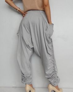 Harem pants unique Low Crotch Light Grey cotton blend ND-04. image 8 Casual Baggy Drop Crotch Yoga Pants, Relaxed Fit Drop Crotch Loungewear Pants, Trendy Cotton Bottoms For Yoga, Trendy Cotton Yoga Bottoms, Casual Drop Crotch Loungewear Bottoms, Casual Drop Crotch Bottoms For Loungewear, Baggy Gray Harem Pants For Summer, Summer Baggy Gray Harem Pants, Baggy Gray Parachute Pants For Summer