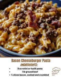 Bacon Cheeseburger Pasta Cheese Burger Macaroni, Bacon Cheeseburger Pasta, Cheeseburger Mac And Cheese, Bacon Cheeseburger Casserole, Cheeseburger Pasta, Mexican Casserole Recipe, Cheeseburger Recipe, Baked Bacon, Bacon Pasta