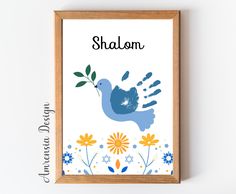 a blue bird with the word shalam painted on it's body and hand print