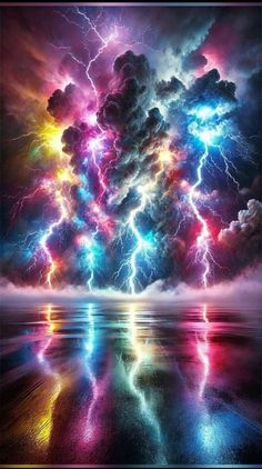 colorful clouds and lightning are reflected in the water