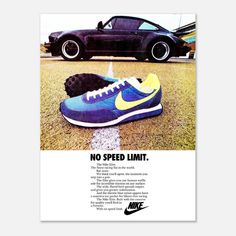 The Nike Elite trainer--a classic racing shoe popular in the 1970s--was positioned as the perfect trainer for speed. This classic Nike ad from 1978 shows the shoe side by side with a Porsche 930 Turbo: a nod to speed and exceptional build quality. The message is reinforced in the ad copy at the bottom: "The Nike Elite. Built with the concern for quality you'll find in a Porsche." This ad has been restored and repurposed into a high quality poster, made on our lighter-weight, uncoated classic mat Nike Poster, Nike Ad, Porsche 930, Racing Shoes, Baskets Nike, Speed Limit, Vintage Sneakers, Nike Elite, Running Motivation