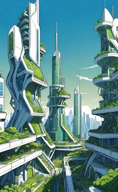 a futuristic city with green plants growing on the buildings