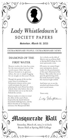 the front page of lady whistledown's society papers, which is in black and white