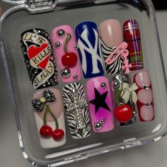 nah these are best nails I’ve ever done? the ed hardy nail I am shoooook had so much fun making them I might recreate this entire set on me lol a set for THEM GIRLS ONLY for my best girlie @berniedawe 🍒 #pressonnails #edhardynails #brighton #brightonnails #zebranails #nailcharms #3dnails #cherrynails #chromenails #autumnnails #fallnails Crazy Nail Sets, Ed Hardy Nails, Junk Nail Designs, Acrylic Nail Designs Coffin, Nyc Nails, Zebra Nails, Best Nails, Punk Nails, Vintage Nails