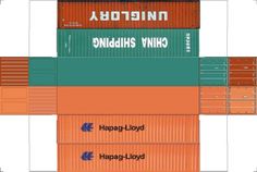 an orange and green shipping container cut out from the side, with words on it