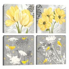 three yellow flowers on grey and white wall art