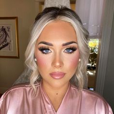 Prom Makeup Full Face Glam, Bridesmaid Makeup Full Glam, Makeup Inspiration Blonde, Formal Makeup Pink, Glam Makeup For Blue Eyes Blonde Hair, Bridesmaid Makeup Glam, Pink Glam Bridal Makeup, Wedding Makeup Full Glam, Glam Makeup On Blondes