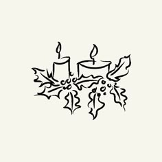 a black and white drawing of a candle surrounded by holly leaves