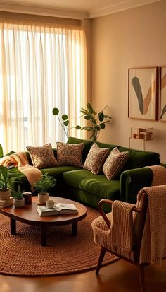 a living room filled with green couches and pillows on top of a brown rug