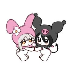 two cartoon characters, one in pink and the other in black with ears on their heads