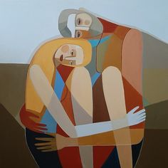 a painting of two people hugging each other