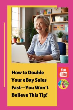 a woman sitting at a table with a laptop computer in front of her and the words how to double your baby sales fast - you won't believe this tip