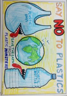 there is a poster with water bottles and the earth in it that says no plastic bags