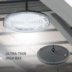 an overhead light fixture with the words ultra - thin high bay above it and below it