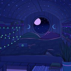 a bed with a night sky and stars in the background