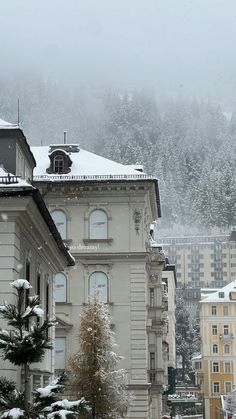 a snow covered building with trees and buildings in the background