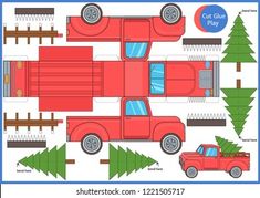 cut out paper toy truck and christmas tree