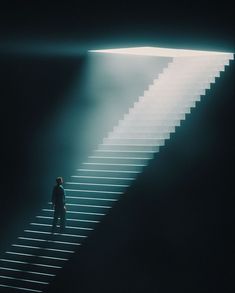 a person standing at the bottom of a stair case with light coming from behind it