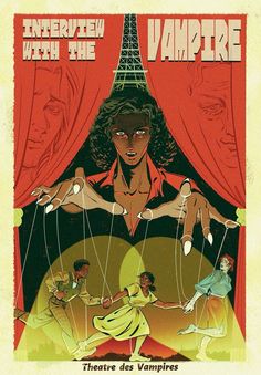 an advertisement for the theatre des vampires featuring two women hanging from strings in front of a eiffel tower